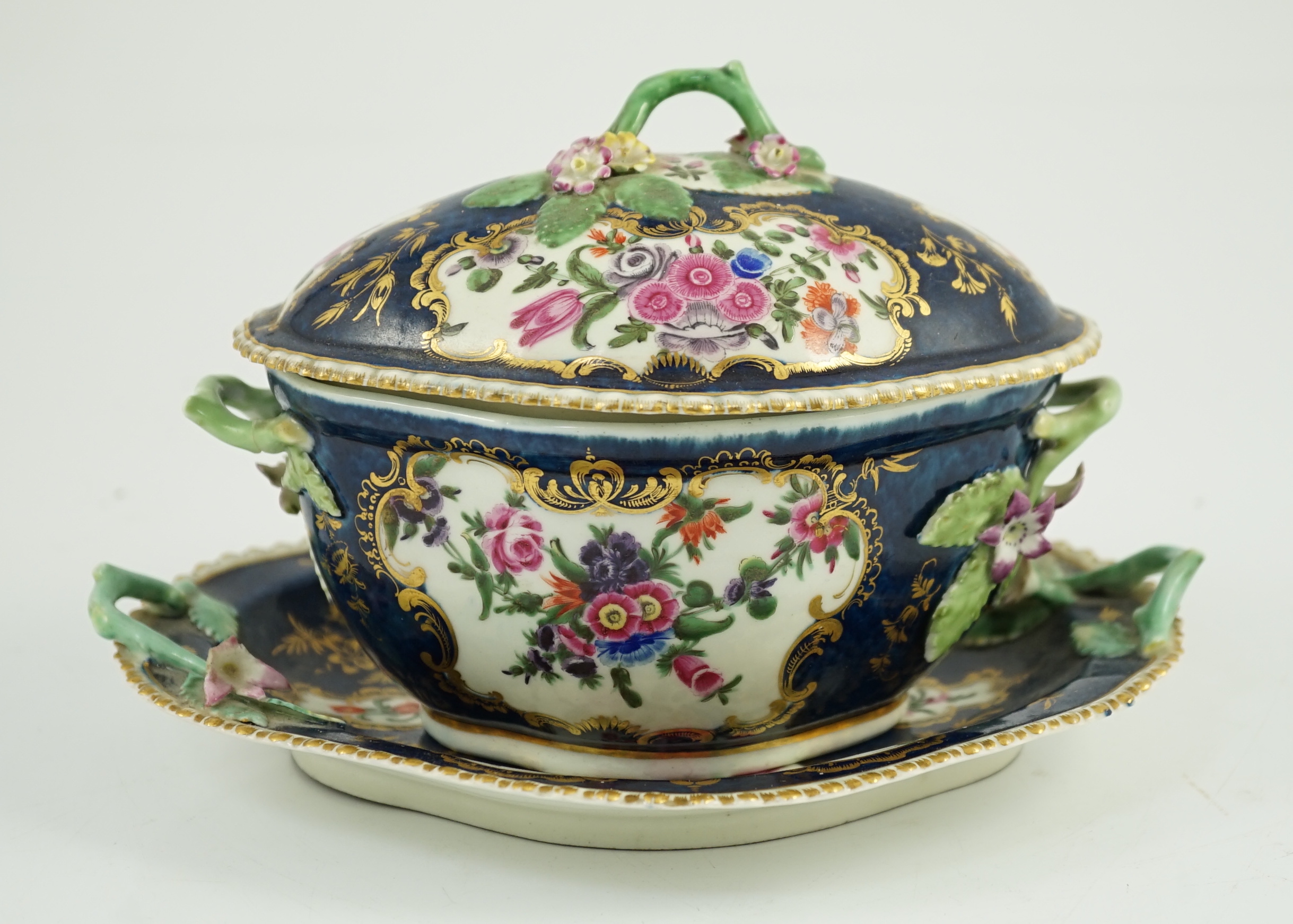 A Worcester scale blue small tureen, cover and stand c.1775